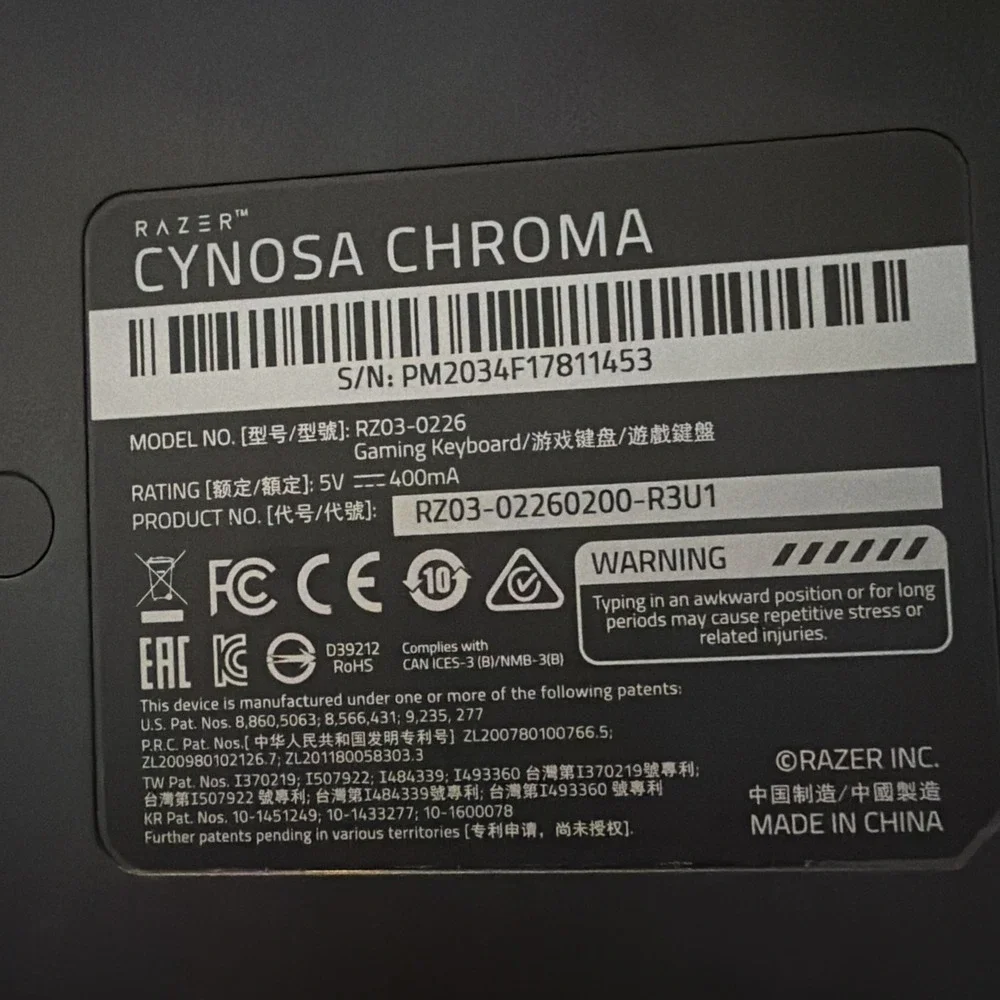 Razer Cynosa Chroma RZ03-02260200-R3U1 Wired Keyboard - Used